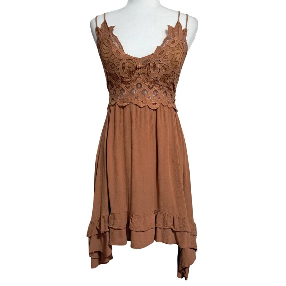 Y2K Justify L Rust Brown Leaf Lace Fairycore Boho Ruffle Mini Sundress Back - Picture 1 of 11